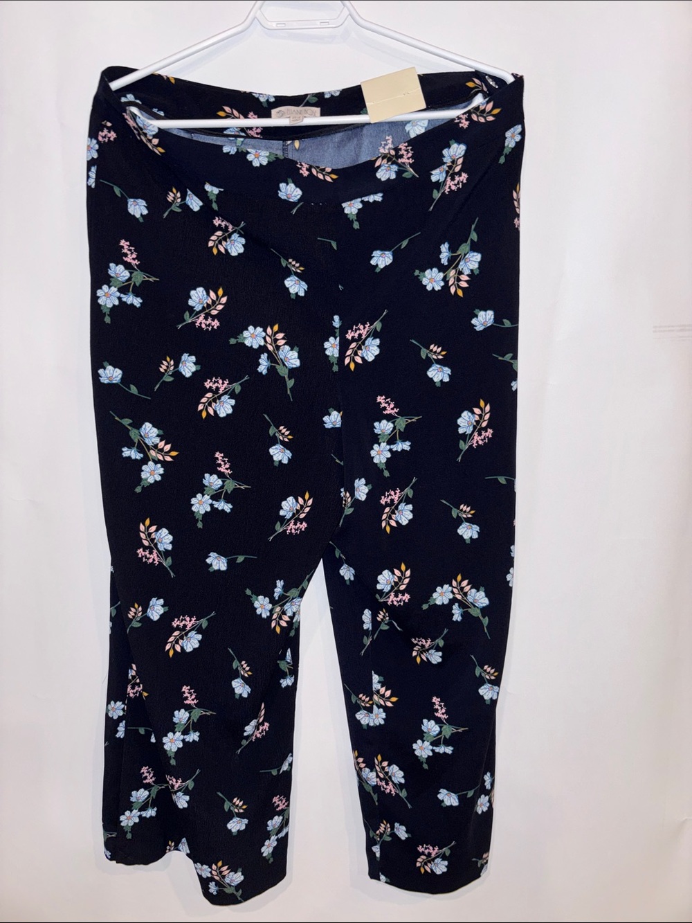 Women's Black Floral Capri Pants with Blue & Pink Blooms